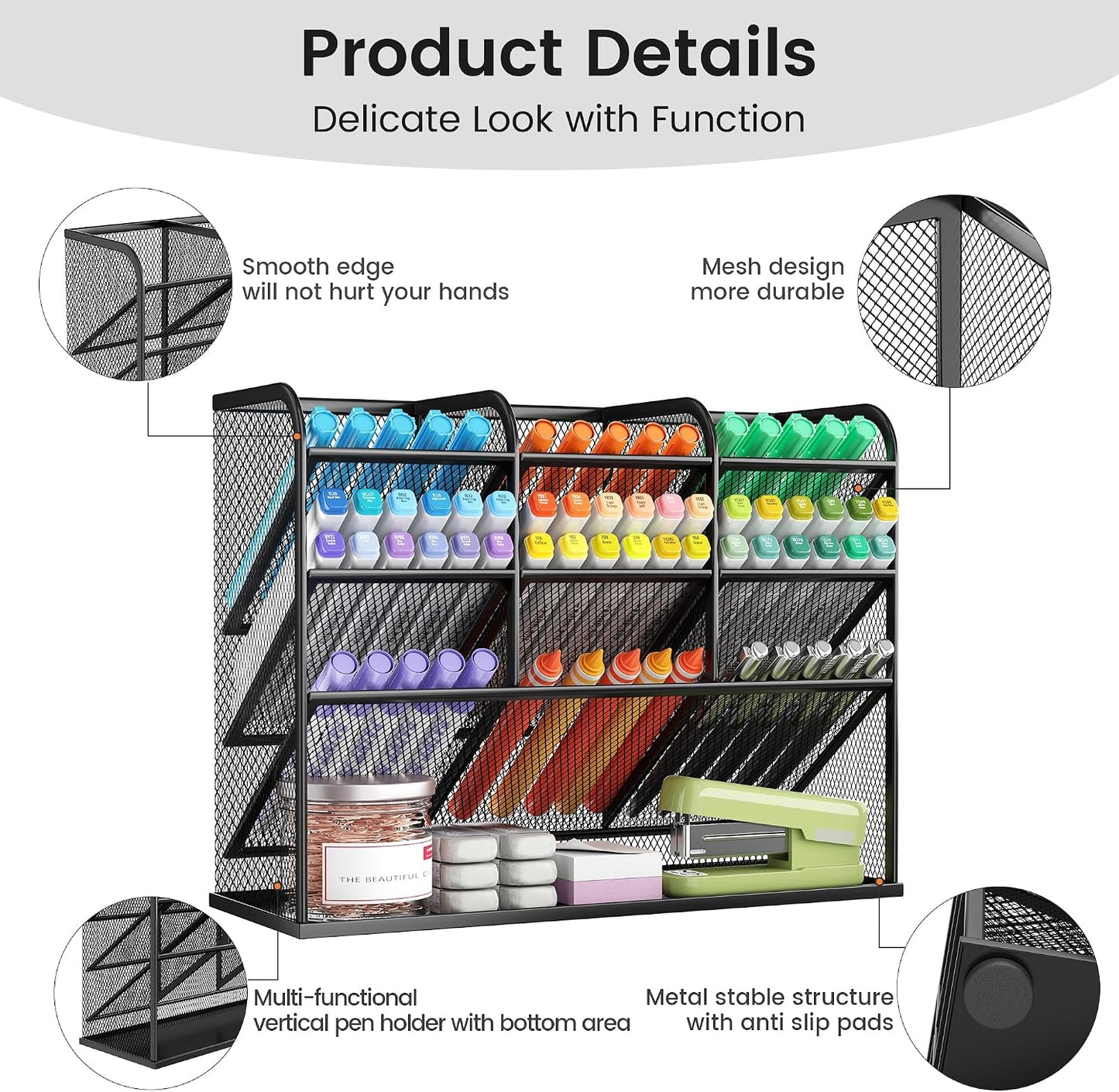 3 Tier Mesh Desk Organiser, 10 Compartments Pen Holder for Desk Tidy, Desktop Organiser for Stationery Art School Supplies, Office Accessories - Black