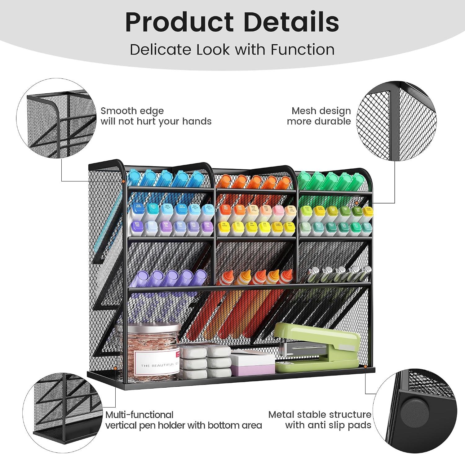 3 Tier Mesh Desk Organiser, 10 Compartments Pen Holder for Desk Tidy, Desktop Organiser for Stationery Art School Supplies, Office Accessories - Black