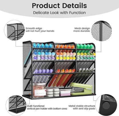 3 Tier Mesh Desk Organiser, 10 Compartments Pen Holder for Desk Tidy, Desktop Organiser for Stationery Art School Supplies, Office Accessories - Black