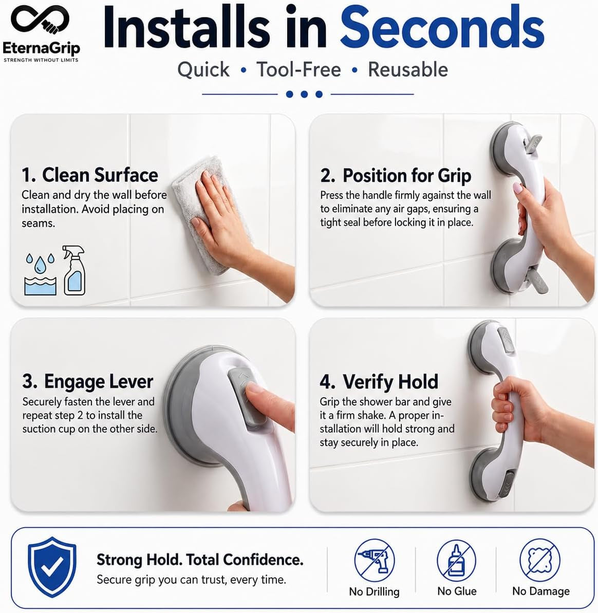 Eternagrip Suction Grab Rails for Bathroom – Shower Handle for Elderly, Strong Locking Suction Shower Grab Rail, Bathroom Safety Hand Rail, Portable Bath Handle for Shower & Bathroom Support