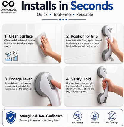 Eternagrip Suction Grab Rails for Bathroom – Shower Handle for Elderly, Strong Locking Suction Shower Grab Rail, Bathroom Safety Hand Rail, Portable Bath Handle for Shower & Bathroom Support