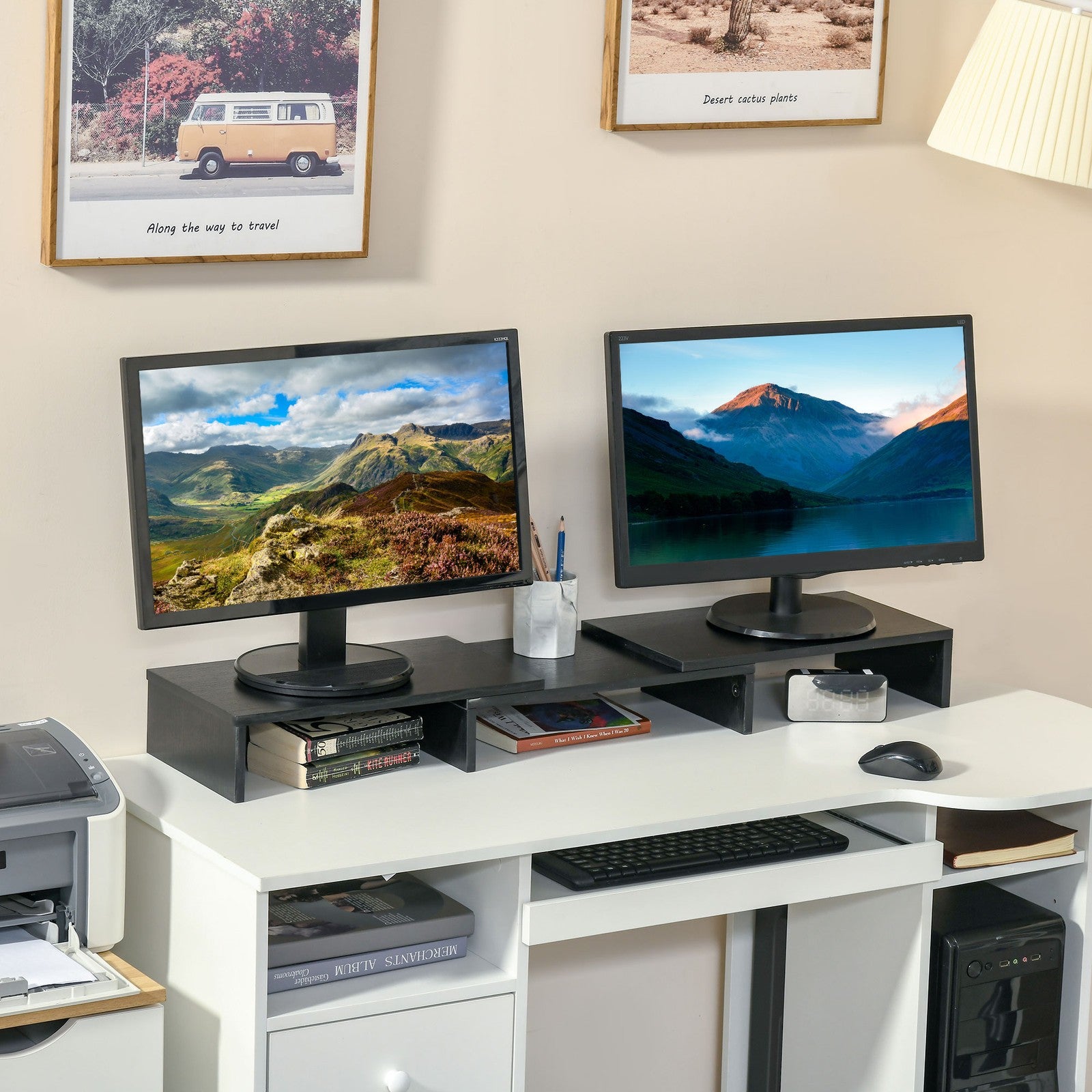 Dual Monitor Stand Riser W/ 3 Shelves Adjustable Length and Angle Screen Stand