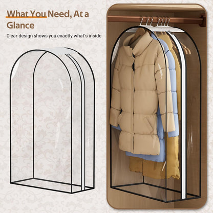 Gusseted Clear Suit Covers Garment Bags for Clothes 100Cm Waterproof Cothes Covers Protector Bags with Side Zip for Coats, Shirts, Dresses, 3 Packs