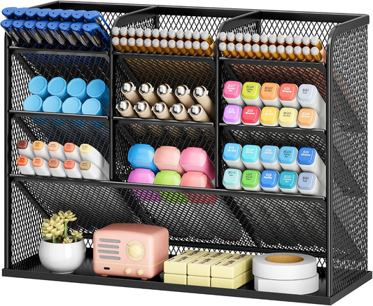 3 Tier Mesh Desk Organiser, 10 Compartments Pen Holder for Desk Tidy, Desktop Organiser for Stationery Art School Supplies, Office Accessories - Black