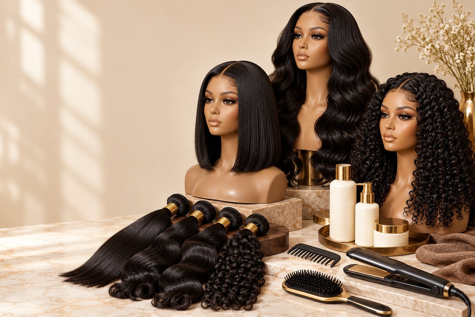 Illustrative display of straight, wavy and curly wigs, hair bundles, care bottles, brushes and styling tools